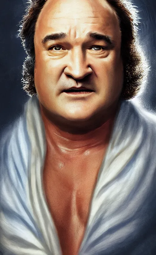 Image similar to jim belushi with wild hair and bright eyes. he's wearing a flowing bathrobe made of light, airy fabric and he has a mischievous look on his face, dynamic lighting, photorealistic fantasy concept art, trending on art station, stunning visuals, creative, cinematic, ultra detailed