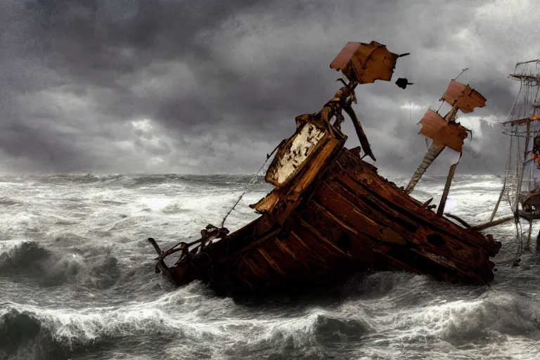 Image similar to pirate ship wreckage beached, in a storm, in the style of vernon grant and chris van allsburg, trending on artstation, bright tilt - shift camcorder effect, photoshop, retrowave, hyperrealism,