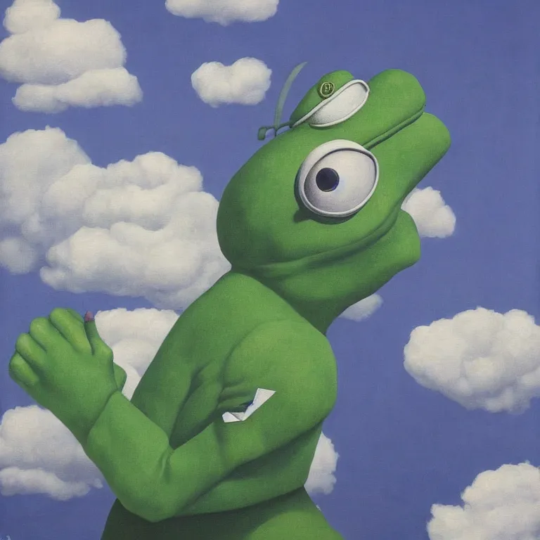 Prompt: cloud - man but pepe the frog, by rene magritte, centered, detailed painting, hd, hq, high resolution, high detail, 4 k, 8 k