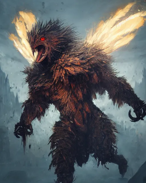 Prompt: oil painting of Angry Anthropomorphized Chicken Berserker, wearing fur armor, claws, sharp focus, attack pose, fantasy style, octane render, volumetric lighting, 8k high definition, by greg rutkowski, highly detailed, trending on art Station, magic the gathering artwork, burning Battlefield background, centered