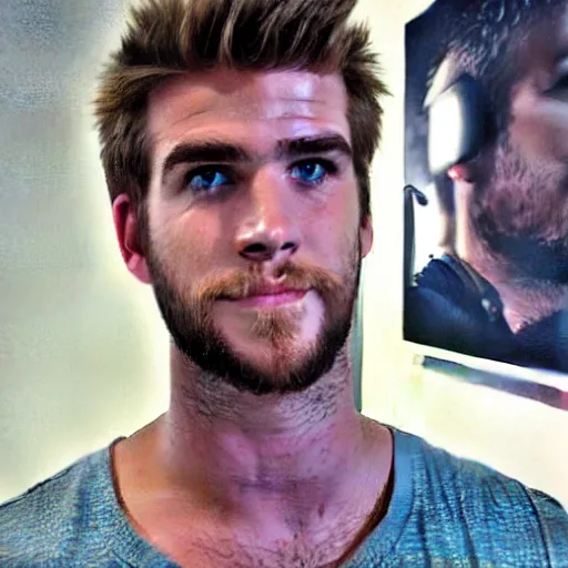 Image similar to “ a realistic detailed photo of a guy who is an attractive humanoid who is half robot and half humanoid, who is a male android, actor liam hemsworth, shiny skin, posing like a statue, blank stare, at the museum, on display ”