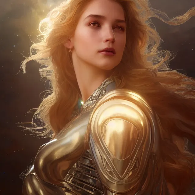 Image similar to close up portrait of a beautiful fantasy female goddess wearing shiny silver armor, glowing hair, glowing light armor, subsurface scattering, ethereal, artistic, temple background with light rays, fantasy atmosphere. art by artgerm, greg rutkowski and alphonse mucha, 3 d artstation octane render,