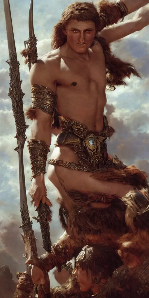 Prompt: a young kirk douglas as a barbarian, beautiful fantasy maiden, dungeons and dragons, masterpiece by edgar maxence and ross tran and michael whelan, gustav dore, 8 k, octane render