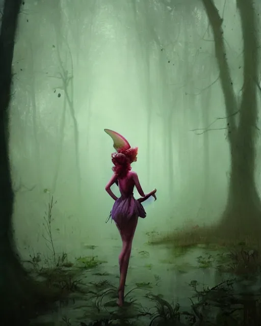 Prompt: a film still close - up shot of a pixie in a misty swamp landscape by esao andrews and peter mohrbacher. colorful, vibrant. trending on artstation