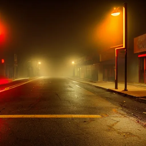 Image similar to A stunningly beautiful award-winning 8K high angle cinematic movie photograph of a dark foggy main intersection in an abandoned 1950s small town at night, by Edward Hopper and David Fincher and Darius Khonji, cinematic lighting, perfect composition, moody low key volumetric light. Color palette from Seven, greens yellows and reds. 2 point perspective