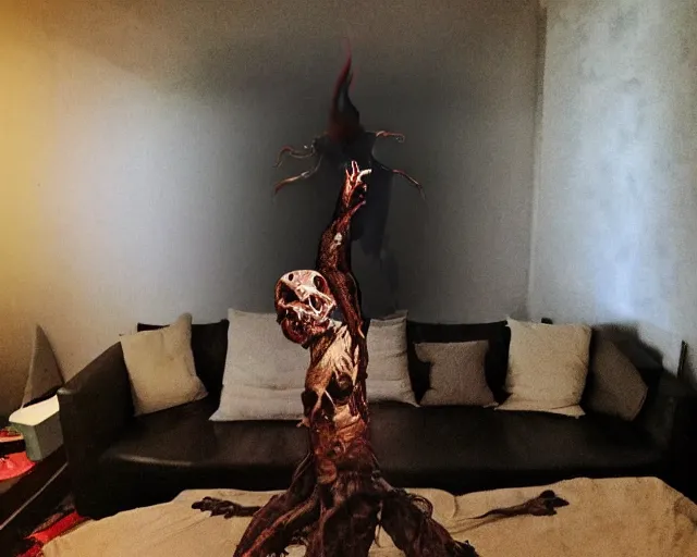 Prompt: transparent horror demon evil spirit attacks in living room with pentacle out interior photos shot on iphone, dynamic pose, full body shot, sharp focus, grainy, corpse, paranormal flashlight, deep night,,