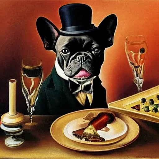 Prompt: distant scene view portrait picture of a black french bulldog wearing a dinner jacket wearing a hat!!!!! sitting at a table at a crowded!! french cafe classic oil painting by salvador dali surrealism zoomed out