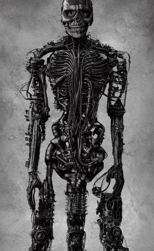 Prompt: full body portrait of terminator by wayne barlow, stanley donwood, anton semenov, zdzislaw bekinski, hr giger, 8 k, fantasy, dark, highly detailed