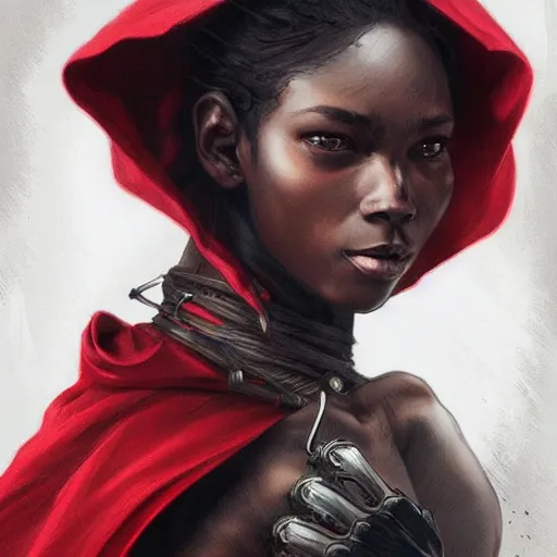 Image similar to Portrait of Little Red Riding Hood with a black panther, intricate, wild, highly detailed, digital painting, artstation, concept art, smooth, sharp focus, illustration, art by artgerm and greg rutkowski and alphonse mucha, footage from space camera