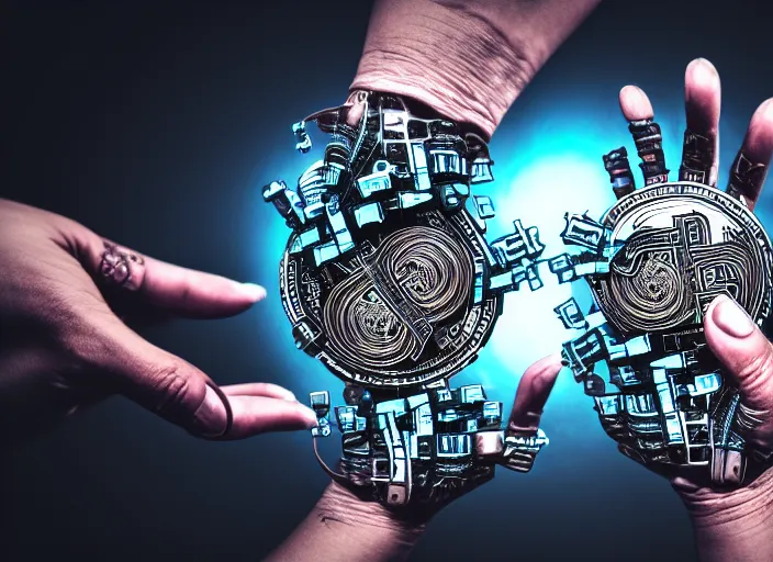 Image similar to mechanical cyberpunk hand holding a bitcoin between two fingers. centered. horror cyberpunk. highly detailed 8 k. intricate. nikon d 8 5 0 3 5 mm. award winning photography.