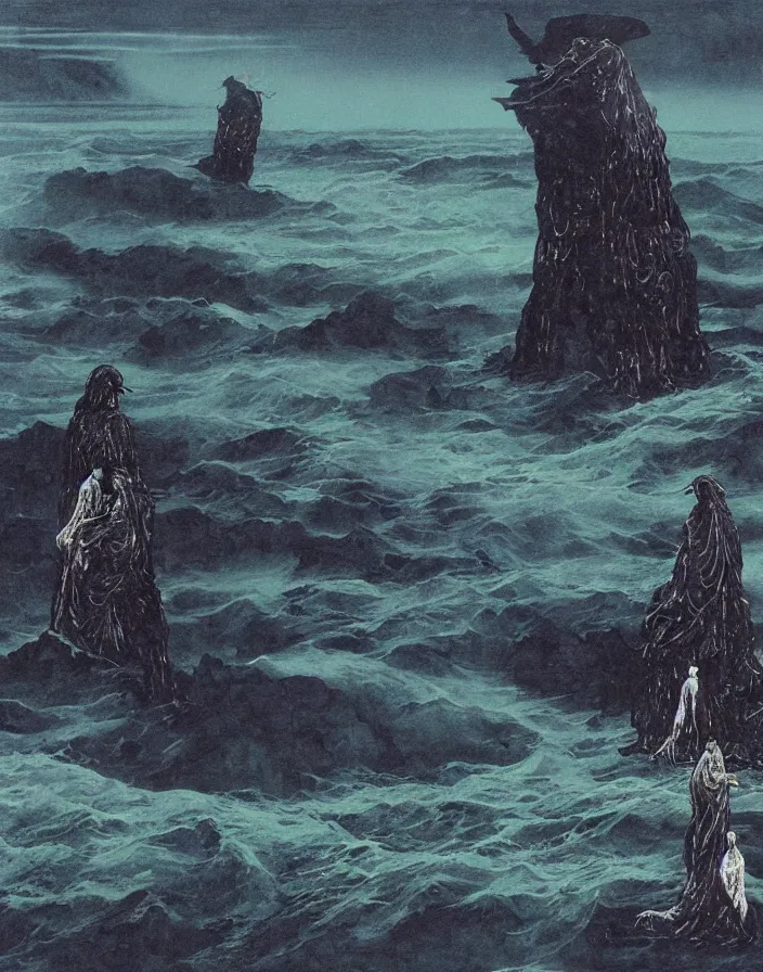 Image similar to worshippers in robes belonging to the cult of the lighthouse standing in waves with ravens flying overhead, a lighthouse, ravens, high detailed beksinski painting, part by adrian ghenie and gerhard richter. art by takato yamamoto and gerald scarfe. masterpiece, dark and moody, deep colours, blue