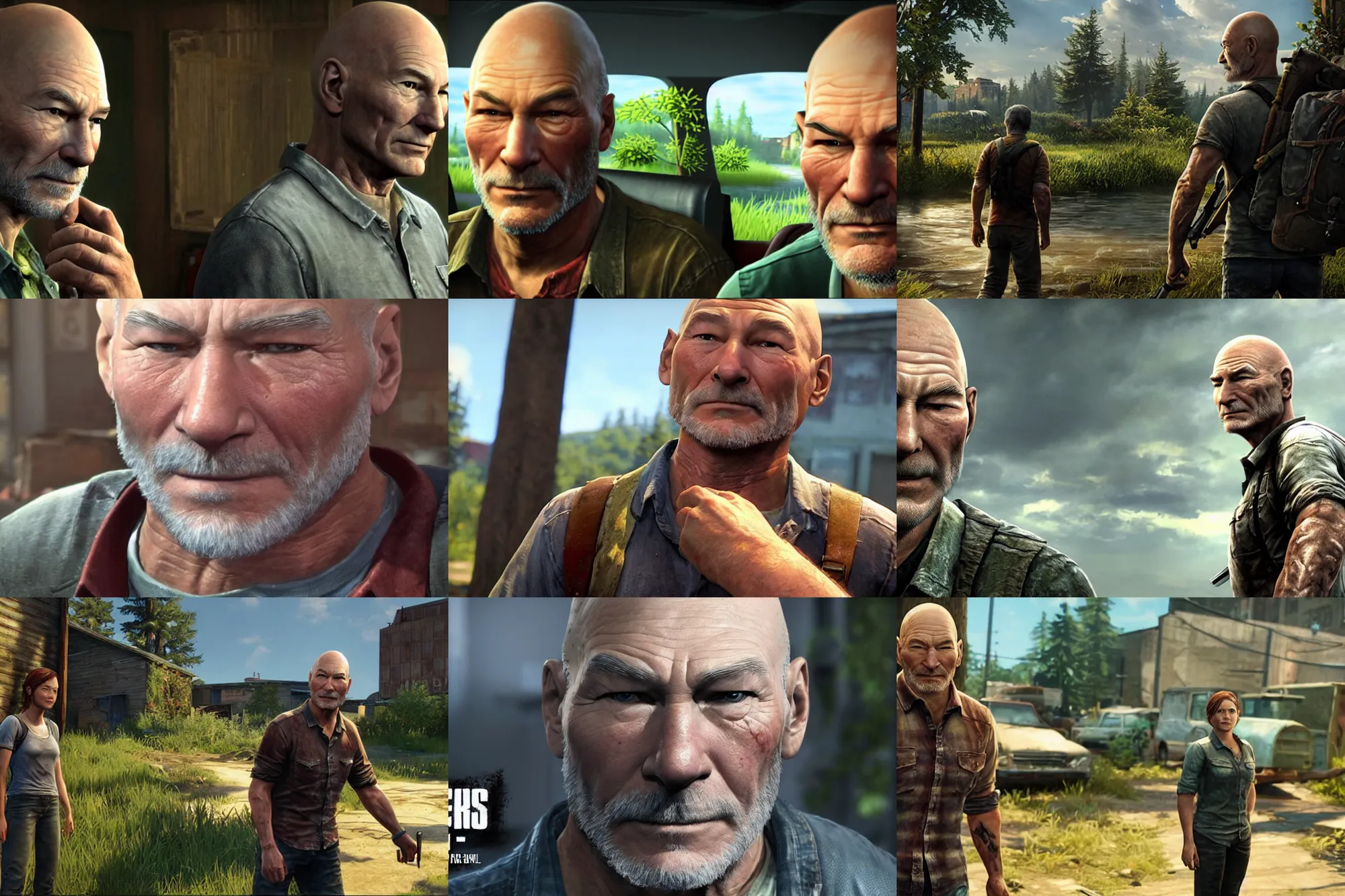 Prompt: a screenshot of patrick stewart in the video game the last of us. 3 d rendering. unreal engine. amazing likeness. very detailed. cartoon caricature.