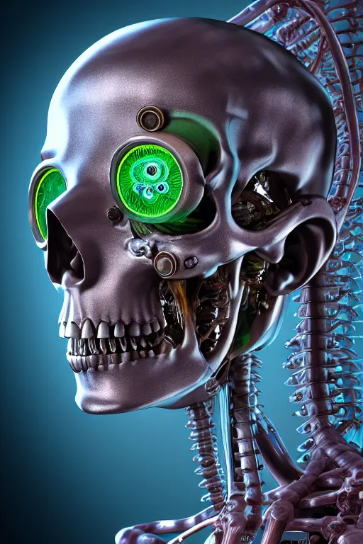 Prompt: 3D render of a STEAMpunk cyborg with translucent skull filled with a fractal of liquid mercury switches, neon eyeballs, titanium skeleton, anatomical, latex flesh and facial muscles, neon wires, microchips, electronics, veins, arteries, glowing, highly detailed, octane render, global lighting by H.R. Giger and ERIN HANSON and Jeffrey Smith, 8K HDR