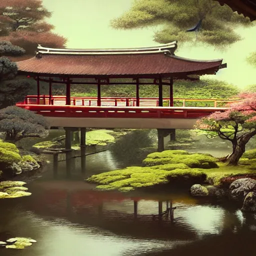 Image similar to A detailed scene of a traditional japanese garden with a tea house and bridge, beautiful, digital painting, concept art, serene, by Greg Rutkowski and Magali Villeneuve
