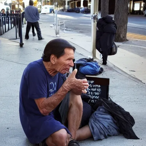 Image similar to kenneth copeland begging on the street of la, homeless, looking sad