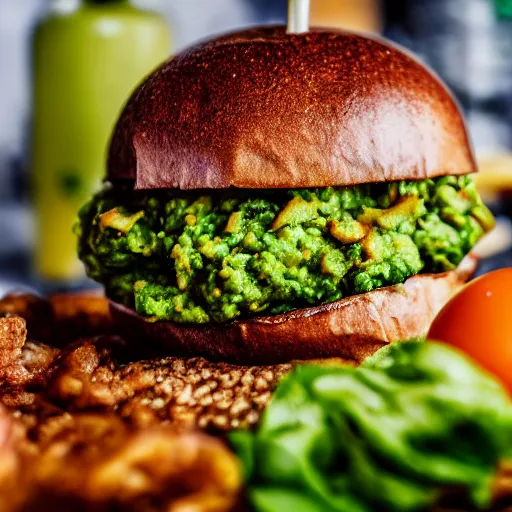 Image similar to juicy vegan hamburger topped with guacamole, fried onion and a vegan fried egg, crispy buns, 8 k resolution, professional food photography, studio lighting, sharp focus, hyper - detailed