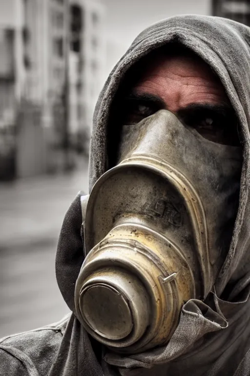 Image similar to an award winning portrait photo of a homeless person wearing a gas mask and hard helmet, 4 k, high quality, sharp focus