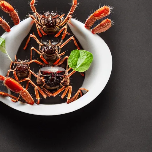 Prompt: Food photography michelin star bowl of live spiders