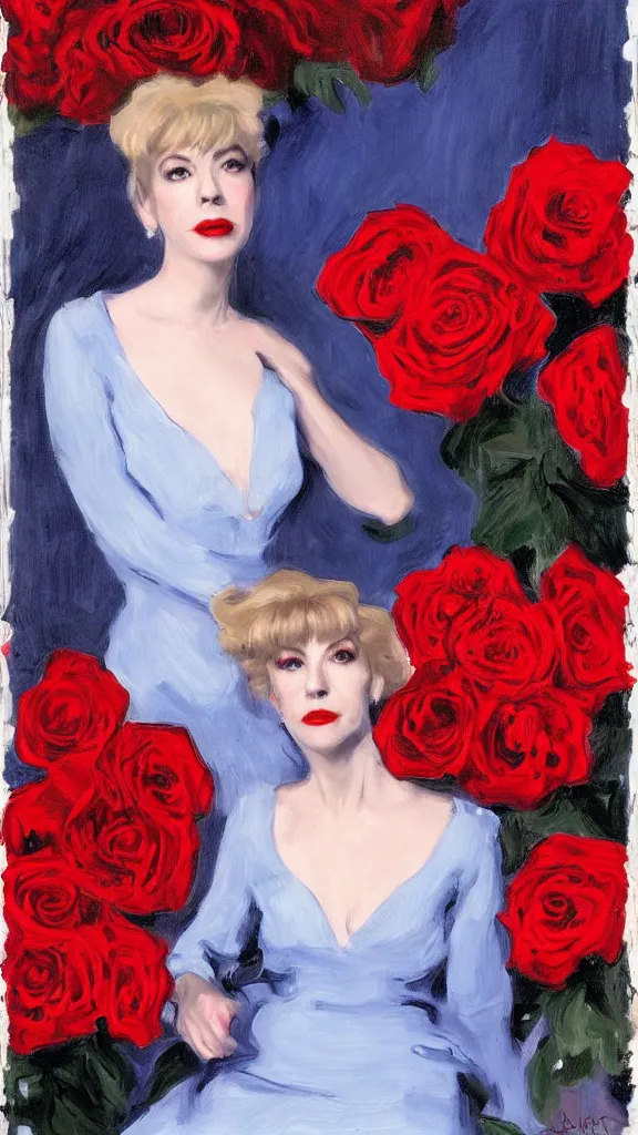 Image similar to portrait of julee cruise in lynch pattern beside a detailed pot of red roses, blue and red lights painted by john singer sargent