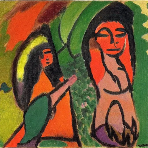 Image similar to painting of a tiger and young native american woman in a jungle by alexej von jawlensky