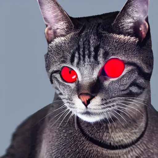 Prompt: a realistic dark grey robot tabby cat with red eyes, realistic, 8k, rtx, hdr