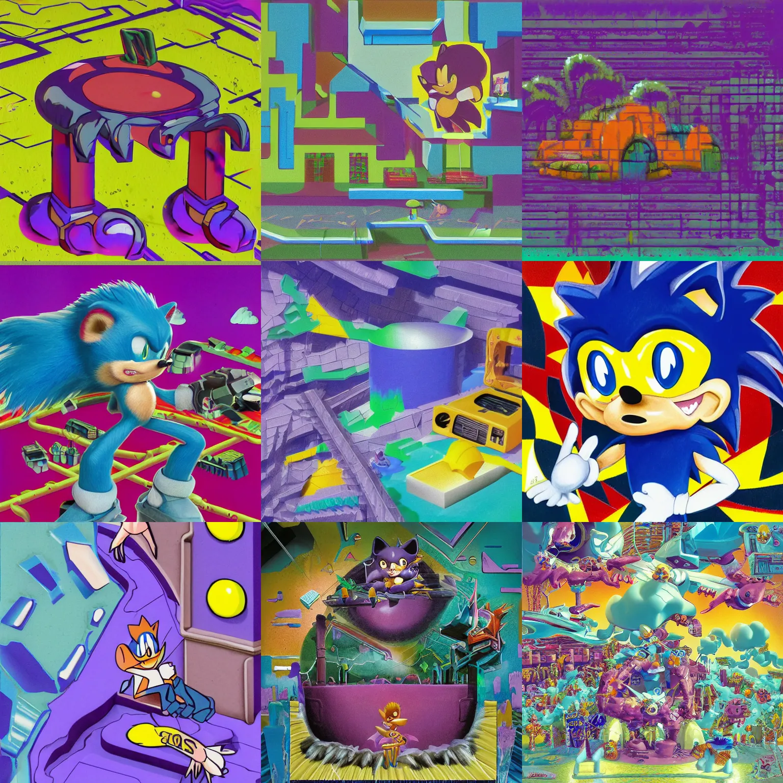 Prompt: dreaming of deconstructivist claymation portrait of sonic hedgehog and a matte painting landscape of a surreal sharp, jazz cup detailed professional soft pastels high quality airbrush art album cover of a liquid dissolving airbrush art lsd sonic the hedgehog swimming through cyberspace purple teal checkerboard background 1 9 9 0 s 1 9 9 2 sega genesis rareware video game album cover