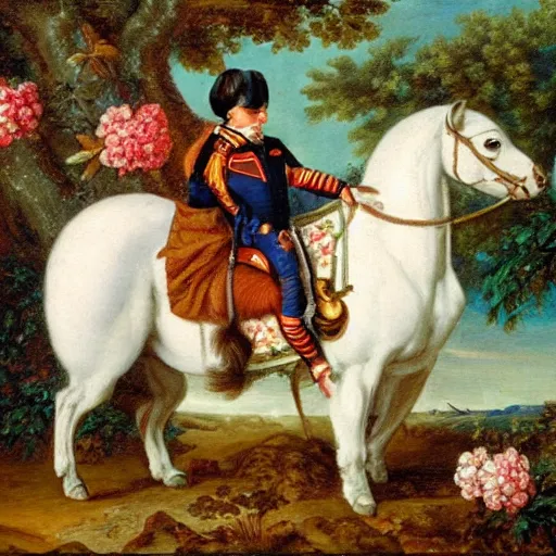 Image similar to a giant squirrel carrying napoleon bonaparte on its back, beach scene with flowers and foliage, detailed oil painting