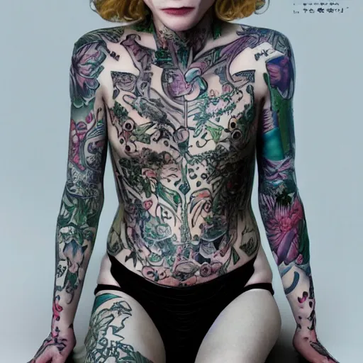 Image similar to full body tattooed cate blanchett,japanese, highly detailed, photorealistic, 4k