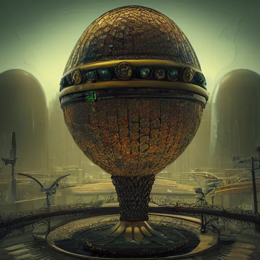 Image similar to streampunk city in a gigantic faberge egg, sky, steampunk, fantasy art, unreal engine,