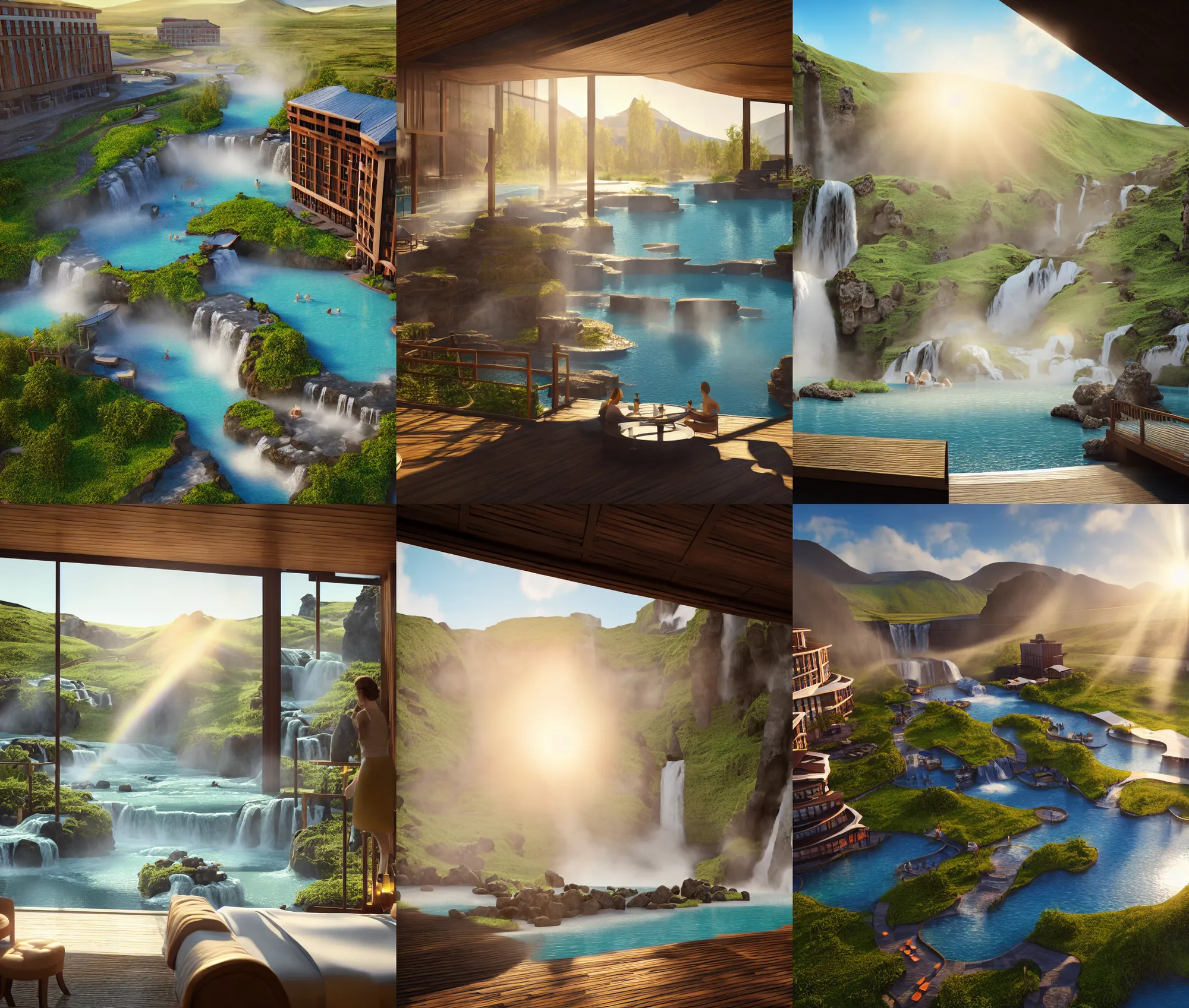 Prompt: establishing wide shot inside resort hotel, beside the combination of iceland hot springs and yangtze river waterfalls, sunny morning light, soft sunbeam, travel ad, 4 k, unreal engine, hyperrealism, detailed textures