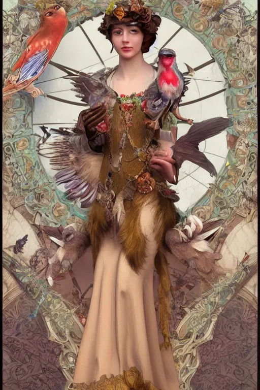 Image similar to 3 d render of english princess holding birds, ornaments, mucha vibe, dieselpunk, solarpunk, artstation