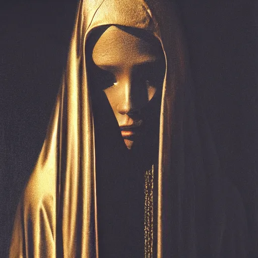 Image similar to a portrait of a young woman wearing a long dark cloak, hood and shadows covering face, holding golden chains, oil painting, matte painting, black background, Volumetric Golden dappled dynamic lighting, Highly Detailed, Cinematic Lighting, Unreal Engine, 8k, HD, by Beksinski