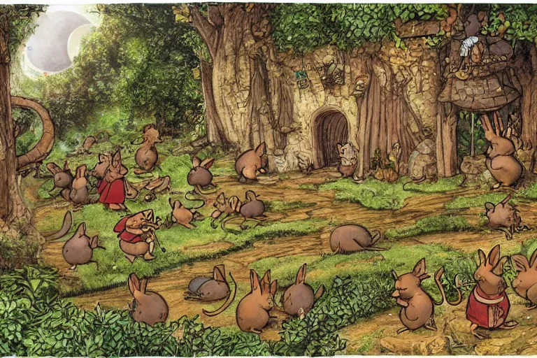 Image similar to an elaborate and dense scene from redwall abbey in mossflower wood with lots of medieval anthropomorphic mice and rabbits and otters, detailed by brian jacques and greg rutowski