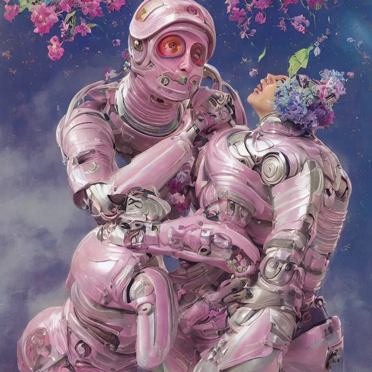 Prompt: a professional portrait of two swirly pink haired lover cyborgs from movie ex machina wearing a greek space suit, muted colors, colorful flowers, tropical, sunlight filtering through skin, dynamic hair movement, dynamic pose, glowing butterflies, j. c leyendecker, by alan lee, wlop! illustrated by starember, fantasy art by craig mullins