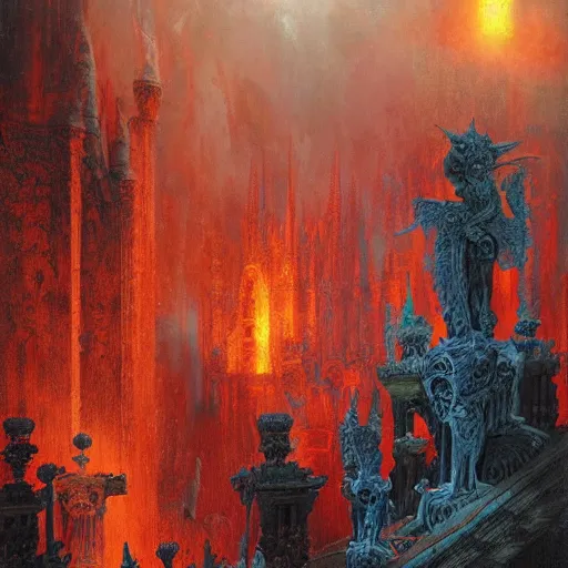 Image similar to the holy castle of Hades, hellish, bright in fury, red and blue, with demon statues, hyperdetailed, artstation trending, world renowned artists, worth1000.com, historic artworks society, antique renewel, cgsociety, by greg rutkowski, by Gustave Dore, Deviantart