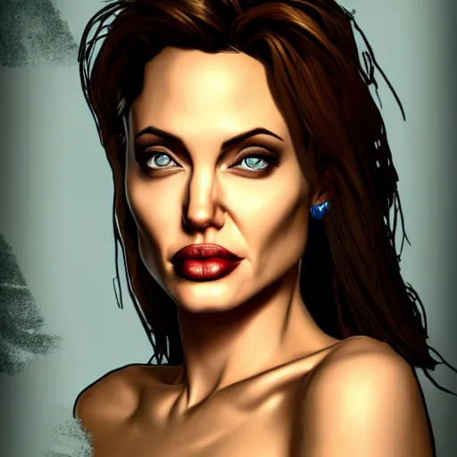 Image similar to angelina jolie portrait, borderlands, tales from the borderlands, the wolf among us, comic, cinematic lighting, studio quality, 8 k