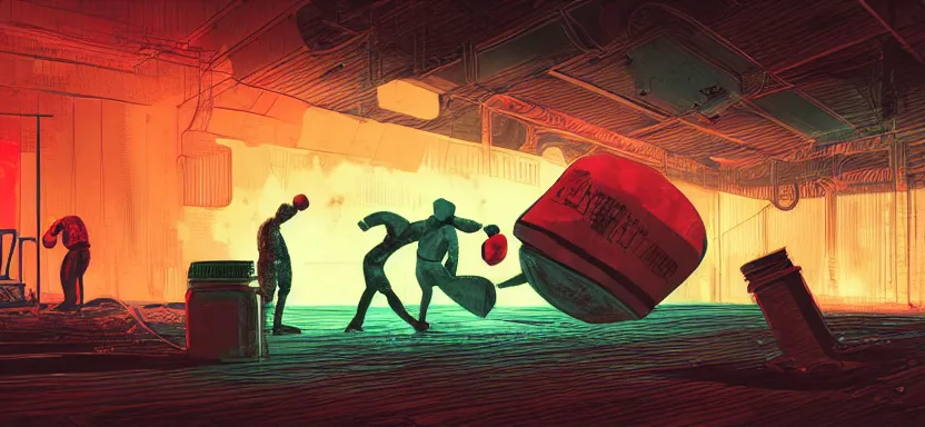 Image similar to handmade illustration of a violent boxing match in an industrial room, line art, octane render with volumetric lighting, architectural illustration by cedric peyraavernay, waste processing machinery, bladerunner, green and red radioactive swamp, by Remedios Varo and Anato Finnstark and Greg Rutkowski, dayglo pink, dayglo blue, dazzle camouflage, 8k, trending on ArtStation