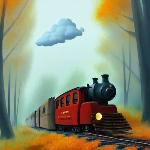 Image similar to Goro Fujita illustrating An antique steam train with a large white cloud coming out of the chimney travels through a beautiful autumn forest along the railroad tracks, art by Goro Fujita, concept art, sharp focus, ArtStation