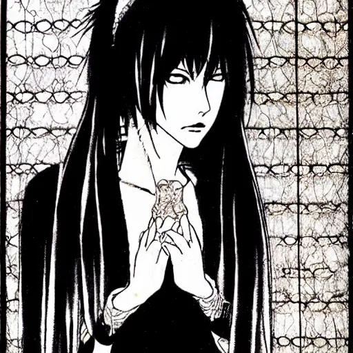 Image similar to amane misa, death note, artwork by Harry Clarke, highly detailed