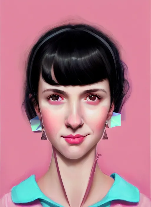 Image similar to portrait of high school girl, realistic, black hair, bangs, half updo hairstyle, pointy nose, skinny, smile, ugly, defined jawline, big chin, pink hair bow, earrings, intricate, elegant, glowing lights, highly detailed, digital painting, artstation, sharp focus, illustration, art by wlop, mars ravelo and greg rutkowski