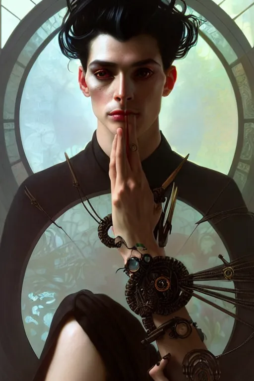 Prompt: ultra realistic, thin man in expensive stylish modern clothes, black hair, brown eyes, occult jewelry, fantasy, intricate details, eerie, highly detailed, octane render, 8 k, art by artgerm and alphonse mucha and greg rutkowski