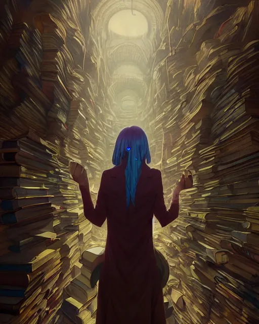 Prompt: highly detailed surreal vfx portrait of a villain in a catacomb of books, stephen bliss, unreal engine, greg rutkowski, loish, rhads, beeple, makoto shinkai and lois van baarle, ilya kuvshinov, rossdraws, tom bagshaw, alphonse mucha, global illumination, detailed and intricate environment