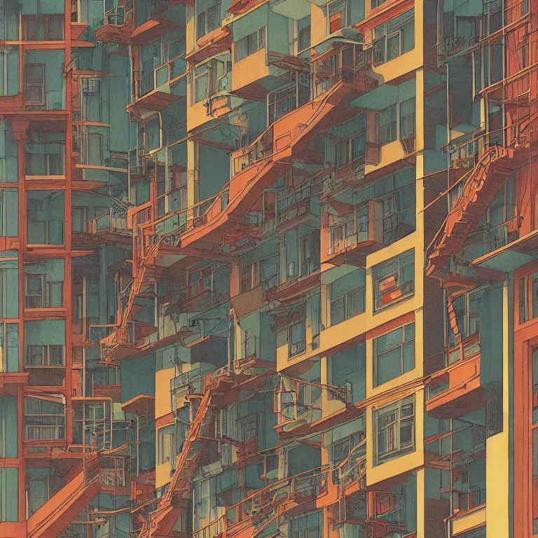 Image similar to workers exploited, living in hostels with bunk beds stacked on top of one another, by kawase hasui, moebius and edward hopper, colorful flat surreal design, hd, 8 k, artstation