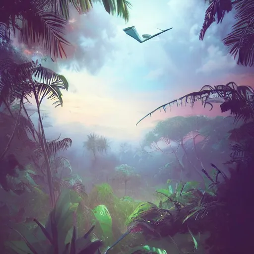 Image similar to a crashed plane in a jungle!, mist, tropical trees, vines, birds, sunset!, fluffy clouds, warm colors, beautiful lighting, digital art, intricate details, trending on artstation