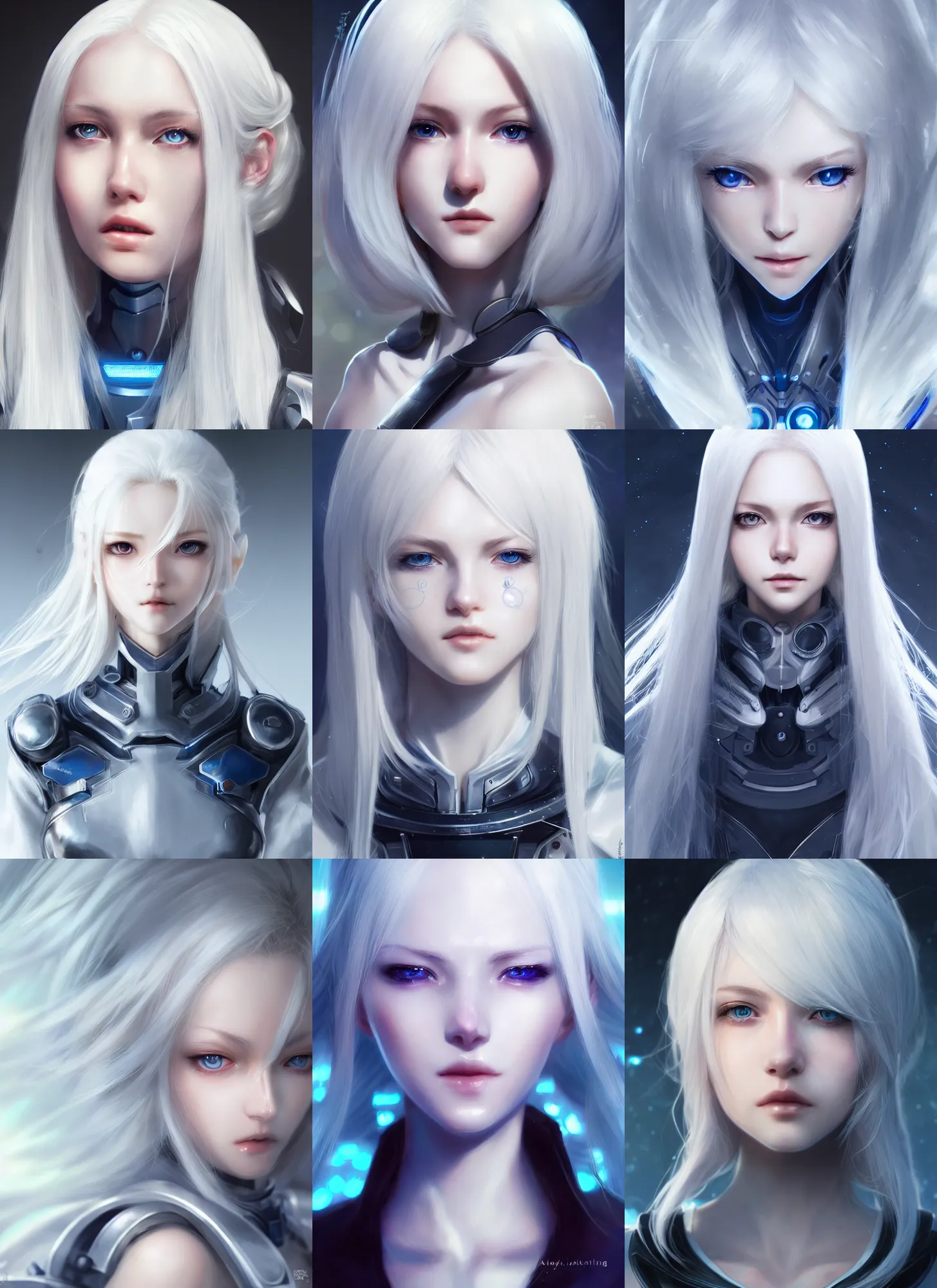 Prompt: detailed portrait of perfect white haired girl, android, beautiful, pretty face, blue cyborg eyes, innocent, scifi, 4 k, sun yunjoo, ultra realistic, highlights, cinematic lighting, highly detailed, sharp focus, artstation, masterpiece, art by hyungjin yang and akihiko yoshida