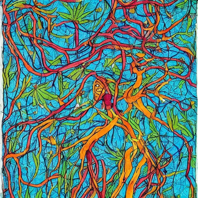 Image similar to human with the sea and the forest inside, veins diverge through the body like rivers filmed on a satellite, a person is decorated with wild berries, a beautiful bird is looking at him next, art brut, colorful picture