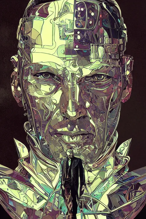Prompt: comic book illustration, thom yorke as agent smith from the matrix, cyberpunk concept art by artgerm and Alphonse Mucha and Moebius, highly detailed, intricate, sci-fi, sharp focus, Trending on Artstation HQ, deviantart
