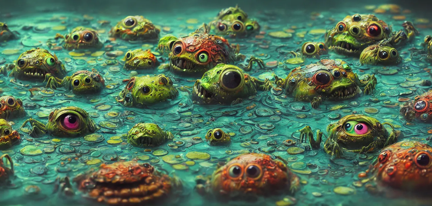 Prompt: intricate colourful murky pond with strange cute friendly angry crazy creatures with huge eyes long tongue triangle teeth and scary face appearing from the water, in the style of craola, cinematic macro lens, shallow depth of field, highly detailed, digital painting, trending artstation, concept art, illustration, cinematic lighting, vibrant colors, photorealism, epic, octane render