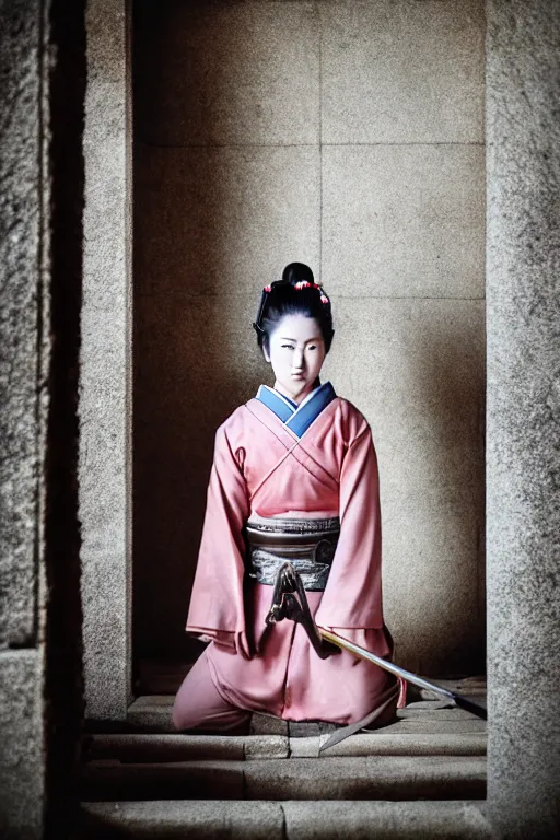 Image similar to highly detailed beautiful photo of a young female samurai, practising sword stances in a ancient temple, symmetrical face, beautiful eyes, realistic anime art style, 8 k, award winning photo, pastels, action photography, 1 / 1 2 5 shutter speed, dramatic lighting