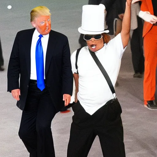 Image similar to Donald Trump wearing a moonwalking Michael Jackson as a hat